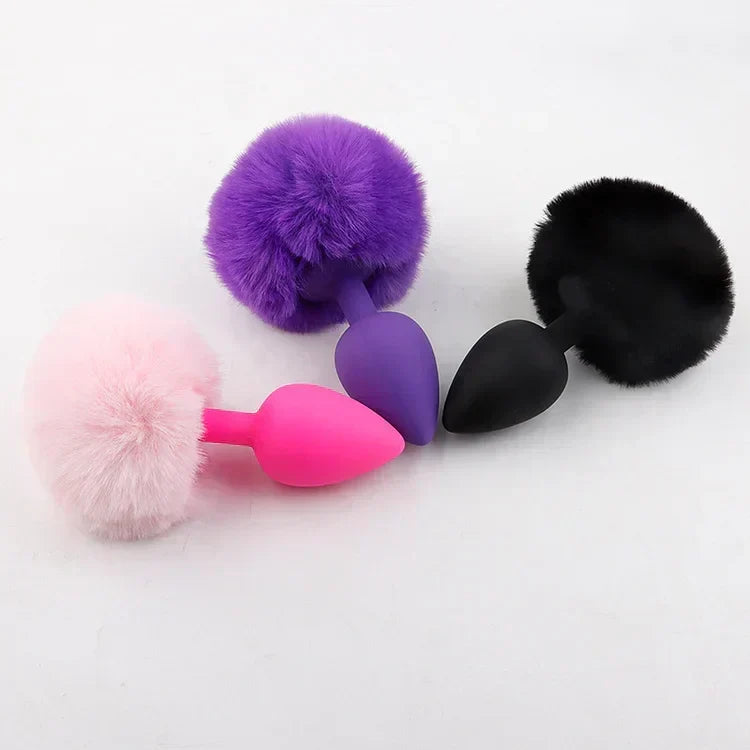 Pure Love Fluffy Bunny Tail, Silicone Anal Butt Plug, 3 Color, Adult Sex Toy