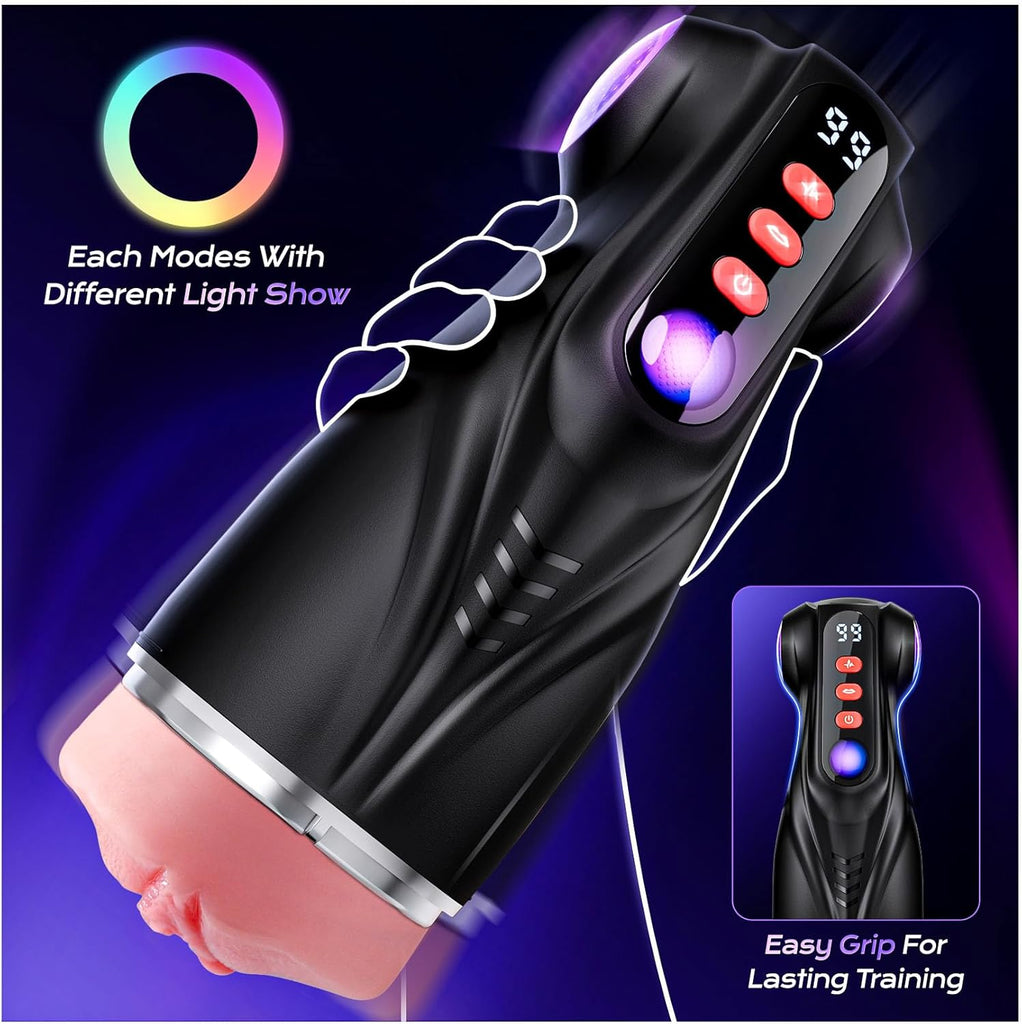 This male masturbation sex toy features 9 suction modes and 9 vibration modes, a pocket-sized vaginal model, and colored light stimulation