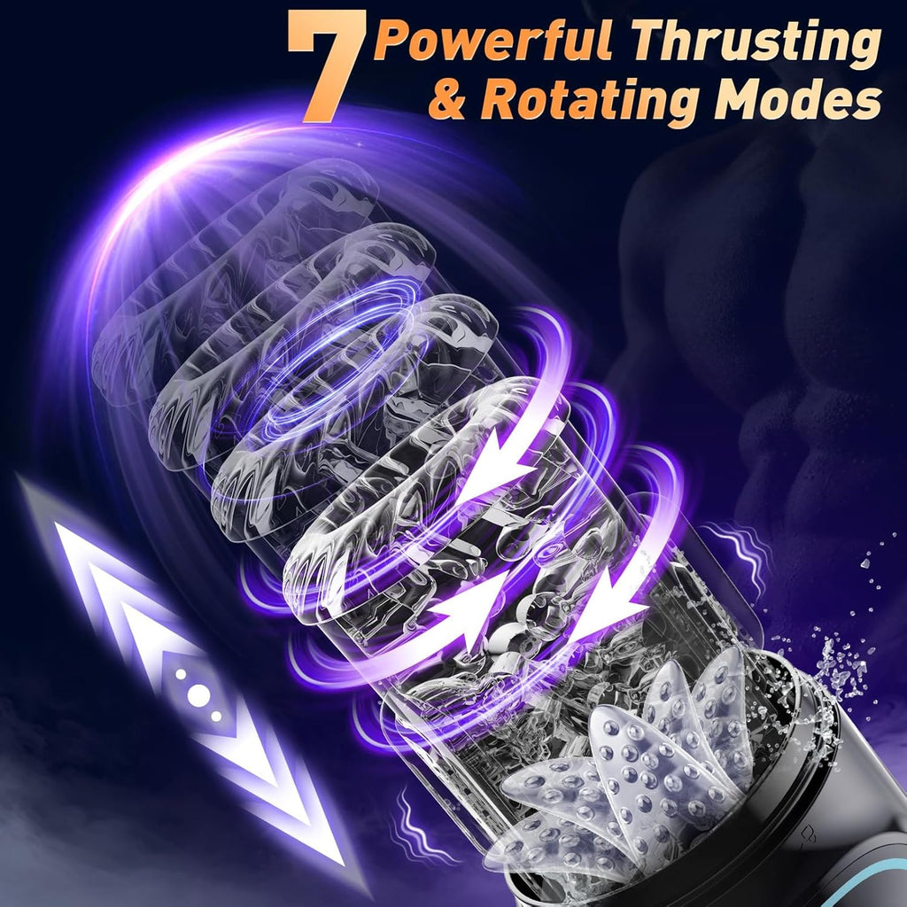 Multifunctional Penis Pump (7-in-1): Features thrusting, rotating, vibrating, sucking, licking, and stroking functions; includes a built-in LCD display