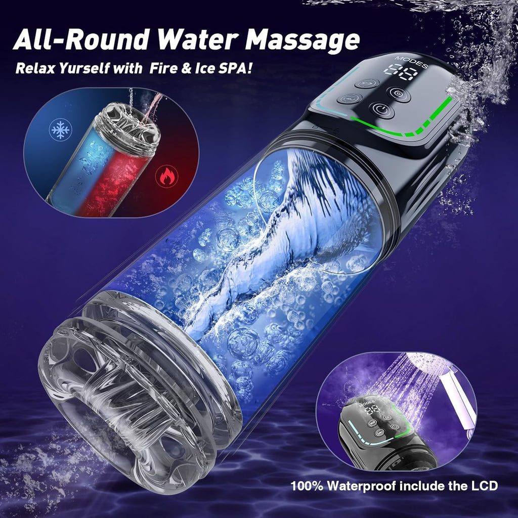 Multifunctional Penis Pump (7-in-1): Features thrusting, rotating, vibrating, sucking, licking, and stroking functions; includes a built-in LCD display
