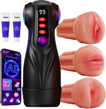 Load image into Gallery viewer, This male masturbation sex toy features 9 suction modes and 9 vibration modes, a pocket-sized vaginal model, and colored light stimulation