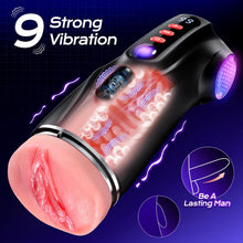 Load image into Gallery viewer, This male masturbation sex toy features 9 suction modes and 9 vibration modes, a pocket-sized vaginal model, and colored light stimulation