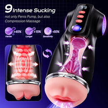 Load image into Gallery viewer, This male masturbation sex toy features 9 suction modes and 9 vibration modes, a pocket-sized vaginal model, and colored light stimulation
